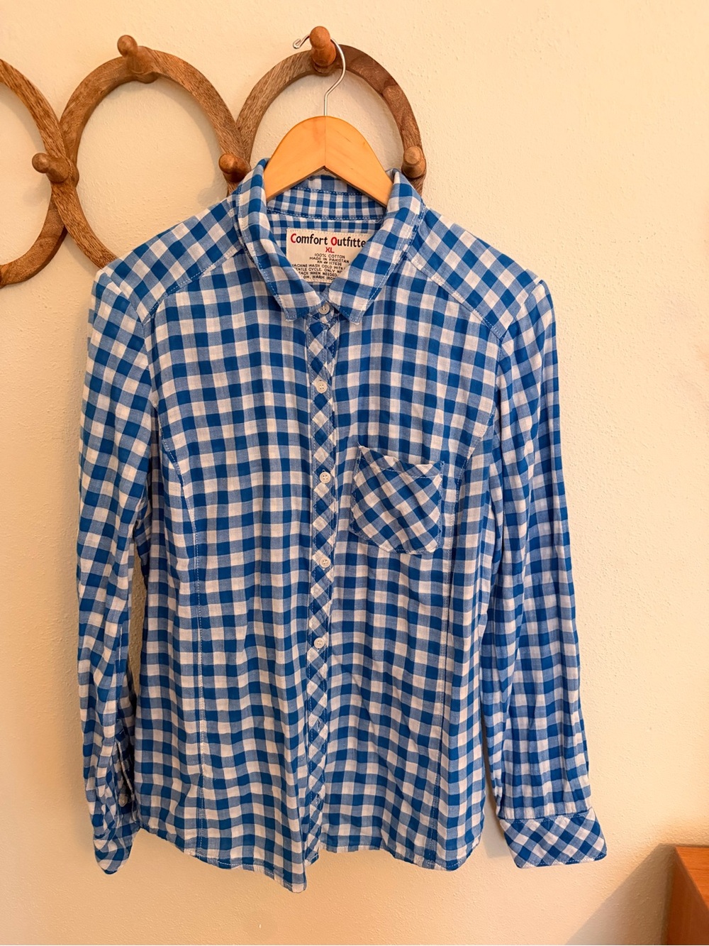 Comfort Outfitter women’s XL Blue White Gingham Button Down Shirt 100% Cotton